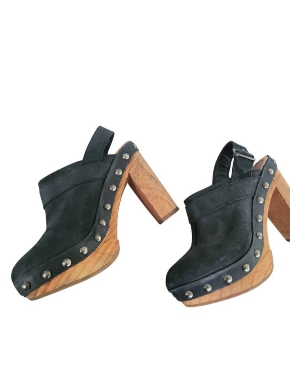 Vintage Y2K Black Leather Studded Wooden Heel Clogs Made In Spain Sz 38 US 7.5-8